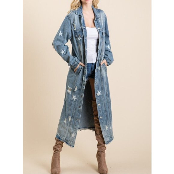 SOLD OUT Plus Star Distressed Long Denim Jean Jacket Coat - Picture 5 of 9